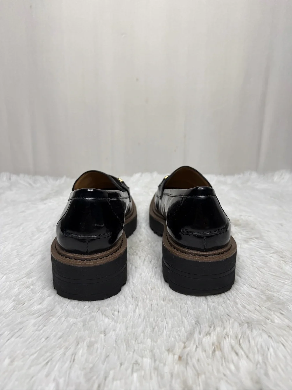 SAM EDELMAN / Laurs Chunky Black Patent Loafers Lug Sole Gold Horse Bit / 7.5